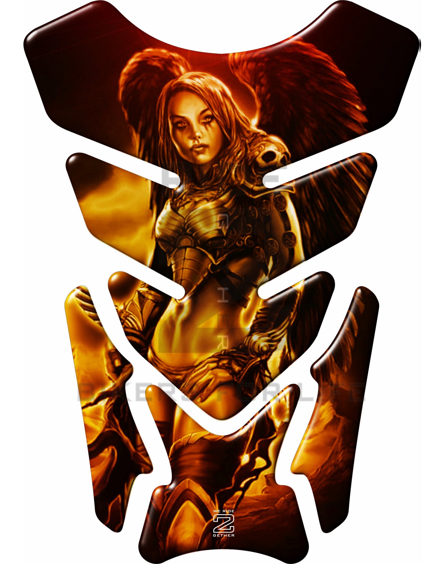 Motor Bike Tank Pad Yellow, Orange and Black Amazon Warrior with Angelic Wings. Universal Fit. A Street Pad which fits most models. Aprilia Tank Pads / Protectors , BMW Tank Pads / Protectors, Ducati Tank Pads / Protectors, Honda Tank Pads / Protectors, Kawasaki Tank Pads / Protectors, KTM Tank Pads / Protectors, MV Agusta Tank Pads / Protectors, Royal Enfield Tank Pads / Protectors, Suzuki Tank Pads / Protectors, Truimph Tank Pads / Protectors, Yamaha Tank Pads / Protectors, Street Tank Pads / Protectors,