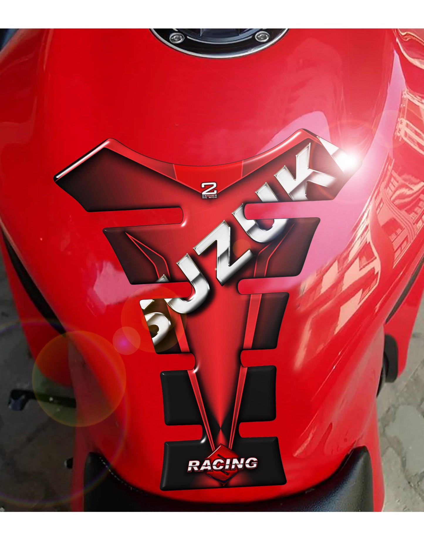 Suzuki Tank Pad -Suzuki Red, Black and Chrome Motor Bike Tank Pad Protector.