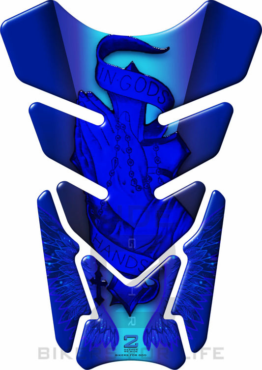 Motor Bike Tank Pad. Religious Range. In Gods Hand Blue. Universal Fit. Christian tank pad.