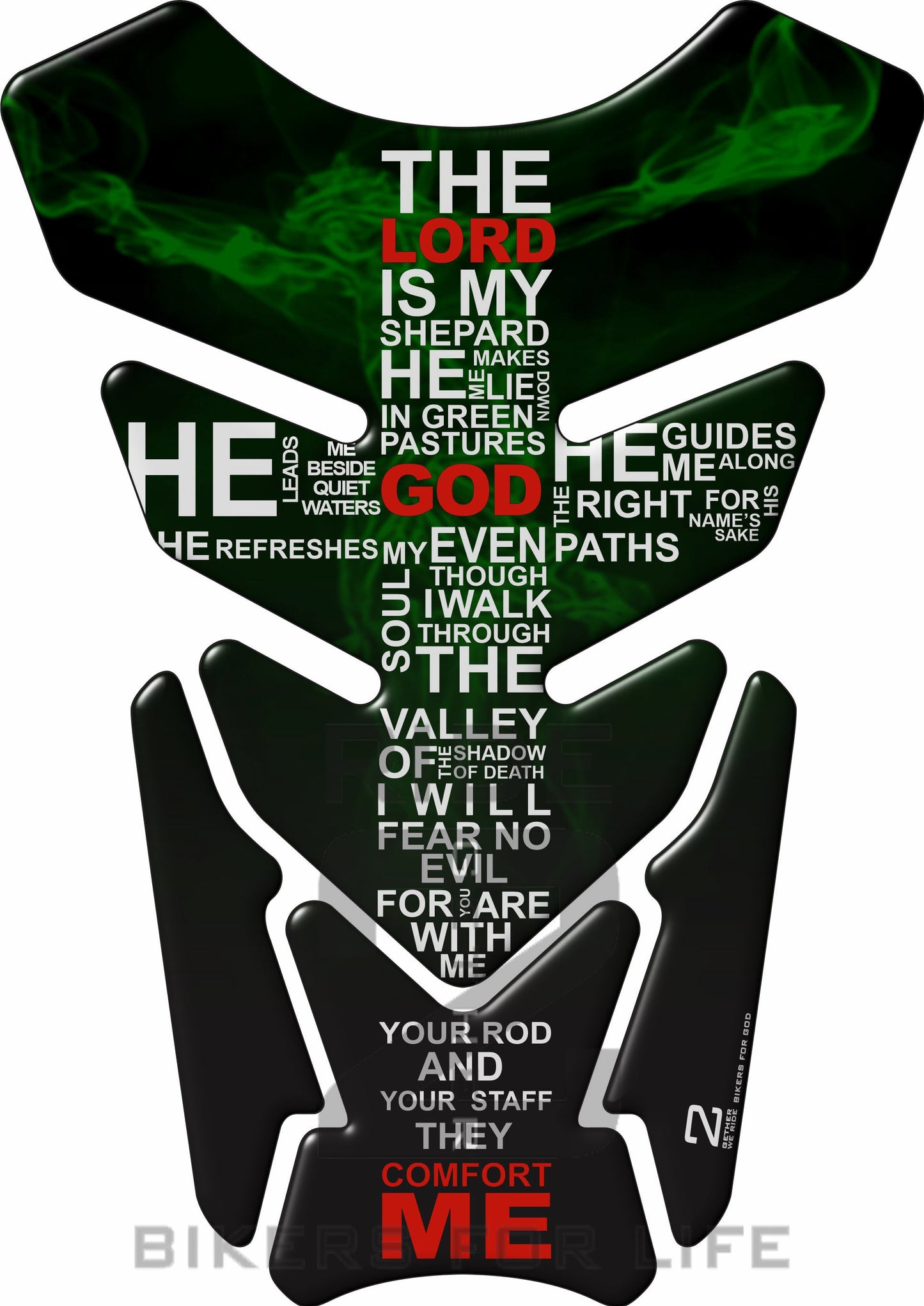 Motor Bike Tank Pad. Religious Range. Jesus crucifix Psalm 23 Green. Universal Fit. Christian tank pad.