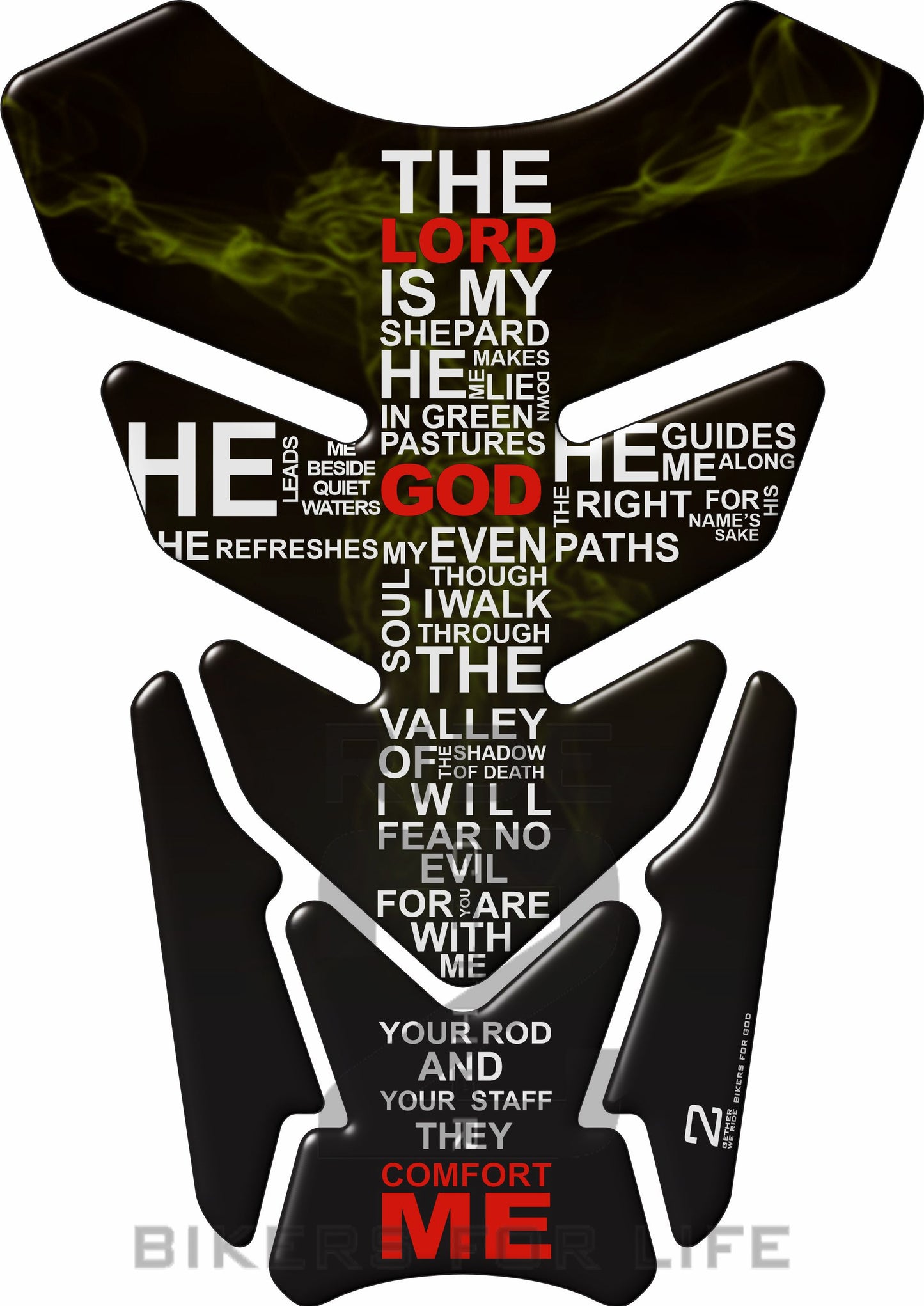 Motor Bike Tank Pad. Religious Range. Jesus crucifix Psalm 23 yellow. Universal Fit. Christian tank pad.