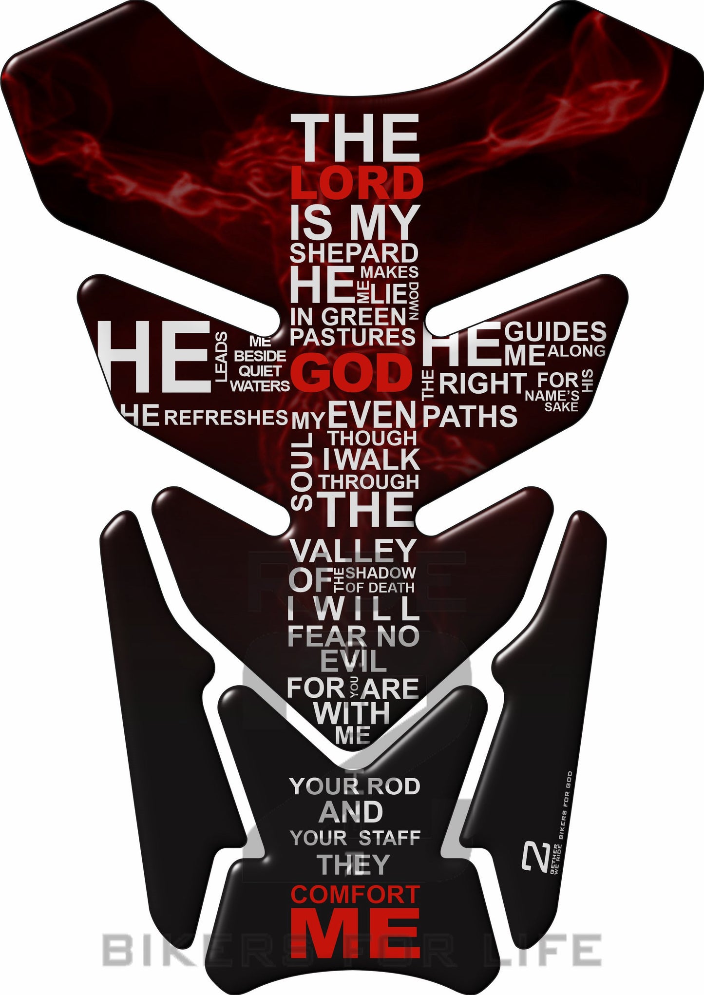 Motor Bike Tank Pad. Religious Range. Jesus crucifix Psalm 23 Red. Universal Fit. Christian tank pad.