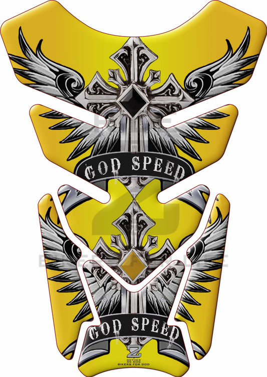 Motor Bike Tank Pad. Angelic Cross. God Speed, Yellow