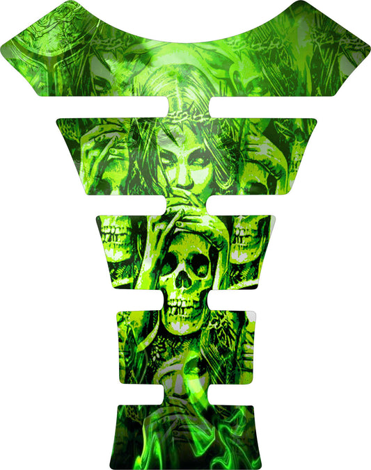 Coussin de réservoir universel avec tête de mort et crucifix vert.